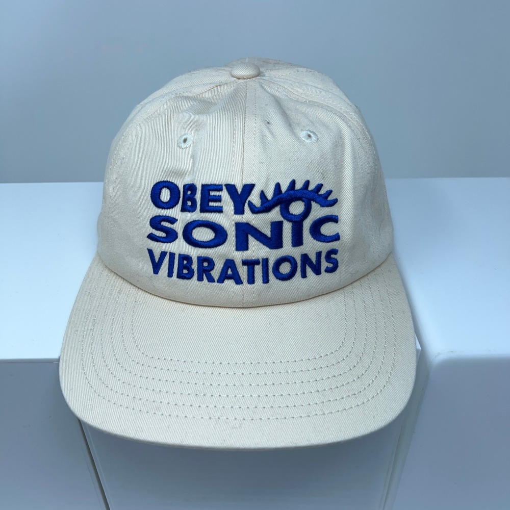 Obey Mens OS Cream Sonic Vibrations Embroidered Strapback Hat New *Flaw